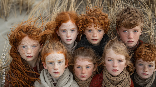 a group of red-haired children, a family walk of friends on a cold northern beach, northern Europe style
