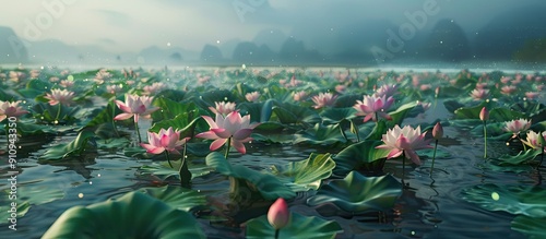 Numerous ancient fields filled with blooming lotus flowers create a serene natural setting as depicted in the copy space image photo