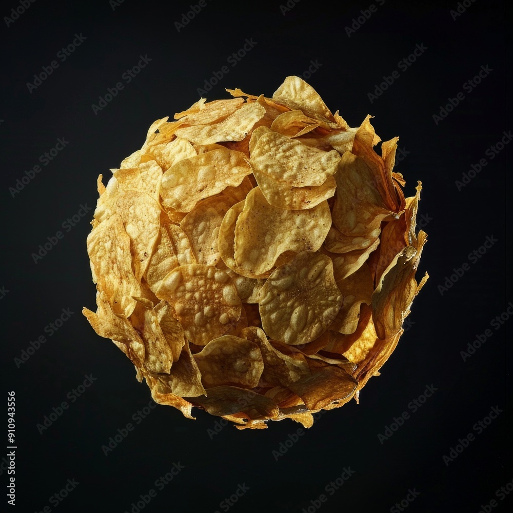 Surreal artistic image of a sphere made of golden potato chips, isolated against dark background. Creative concept representing abstract cooking, food art, or gourmet design. AI Surreal artistic image of a sphere made of golden potato chips, isolated against dark background. Creative concept representing abstract cooking, food art, or gourmet design. AI
