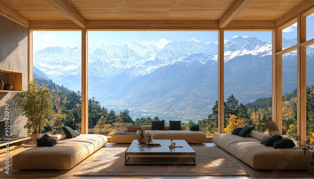 Fototapeta premium A cozy living room that offers a breathtaking view of the distant mountains and lush trees