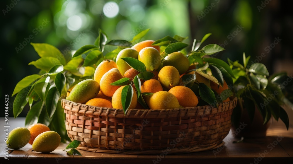 Basket of fresh mangos with leaves. Basket of fresh mangos with leaves.