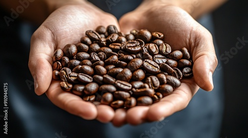 Person holding a handful of coffee beans their expression one of addiction and delight savoring the rich scent