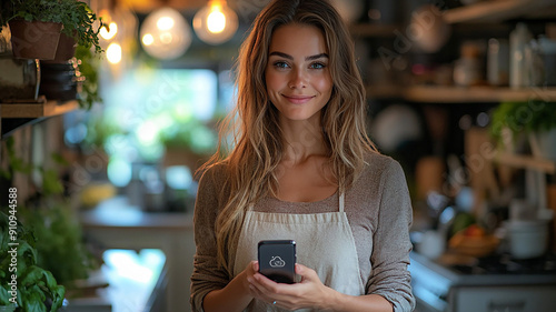 Model demonstrating smart home devices with AI technology, holding phone to receive commands while cooking, high resolution photo