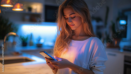 Model using smart home AI technology to manage housework, holding phone close for commands, high resolution photo