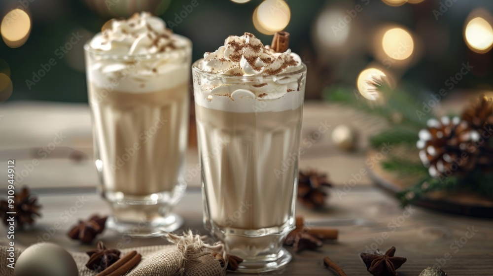 Two Glasses of Eggnog with Whipped Cream and Cinnamon Sticks Two Glasses of Eggnog with Whipped Cream and Cinnamon Sticks