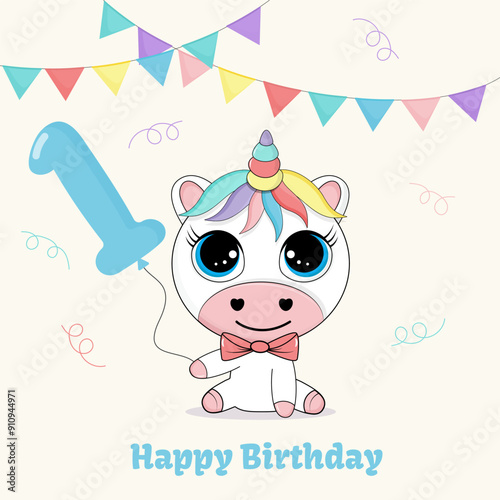Baby first year birthday greeting card with cute unicorn character. Child party invitation concept.