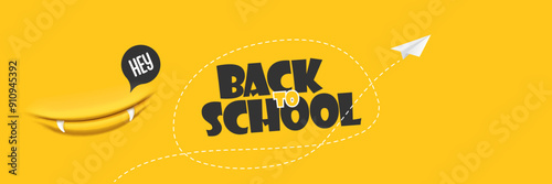 Back To School banner design template with funny smiling monster mouth and flying paper plane. Orange welcome back to school background, poster, flyer, cover and sticker