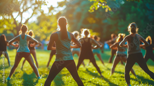 Group Fitness Class for Women Exercising Outdoors