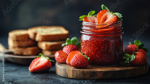 Photo of strawberry jam in a jar with fresh strawberries and toasts on a wooden table, in a closeup view. Free space for your text or product.