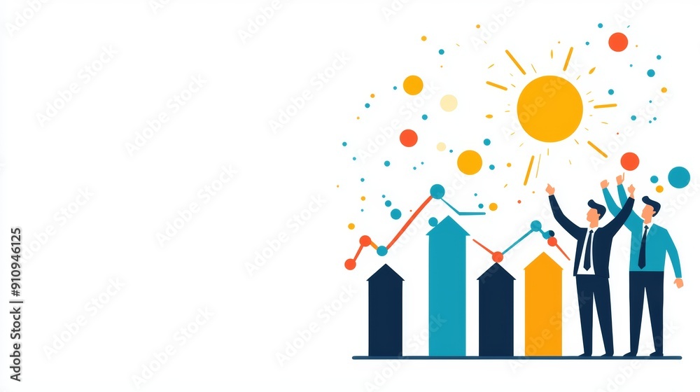 Obraz premium Two professionals celebrate success with upward trends and a vibrant sun, symbolizing growth and achievement in business.
