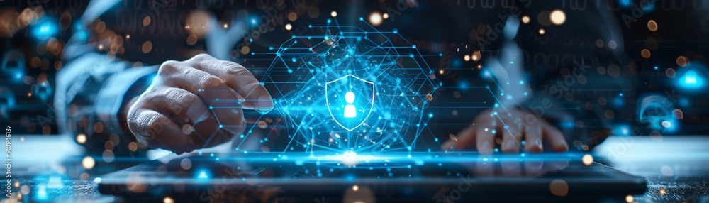 IT specialist holding a tablet with a holographic network icon and a security shield icon IT specialist holding a tablet with a holographic network icon and a security shield icon