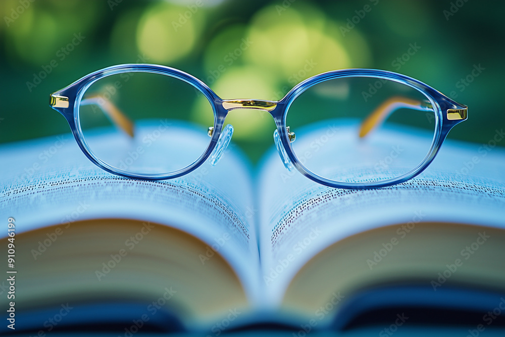 Blue Eyeglasses Resting on Open Book, Serene Mood, Green Background Blue Eyeglasses Resting on Open Book, Serene Mood, Green Background