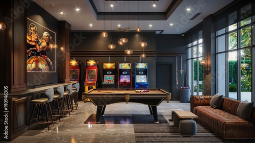 A game room with a pool table, arcade machines, and a bar area. The room features stylish lighting, comfortable seating, and contemporary decor.