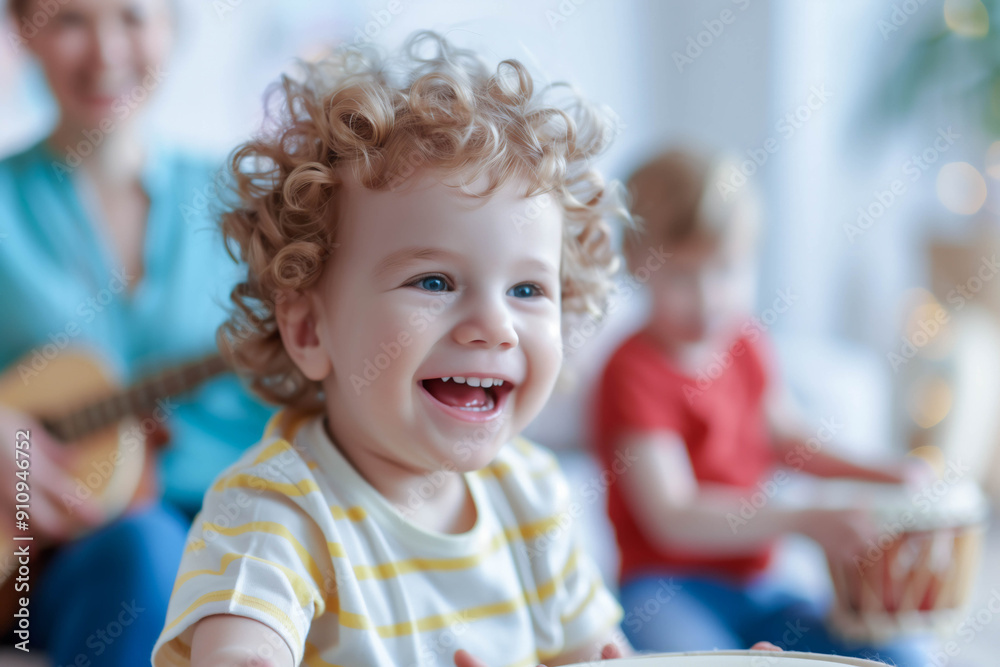 Happy child playing with musical instruments at home Happy child playing with musical instruments at home