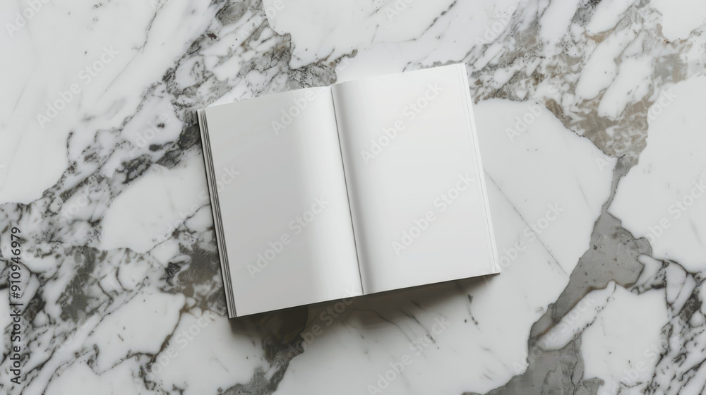 A photorealistic image of an open book with a blank white cover, laying flat on a polished marble surface A photorealistic image of an open book with a blank white cover, laying flat on a polished marble surface