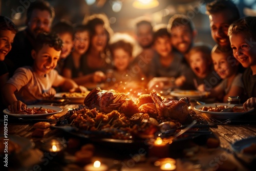 A vibrant image showing a large group of people around a table indulging in a festive feast with laughter and joy, representing celebration, companionship, and shared happiness. photo