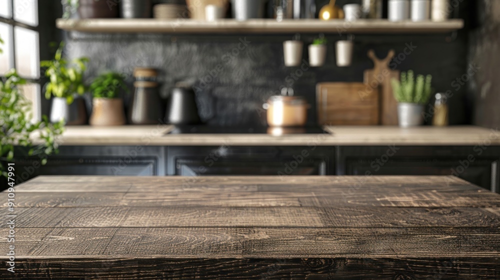 Close-up of a Rustic Wooden Tabletop with a Blurred Kitchen Background Close-up of a Rustic Wooden Tabletop with a Blurred Kitchen Background