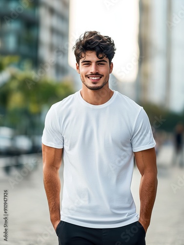 Man standing in blank cotton white t-shirt mockup against city street background. Lifestyle clothing template