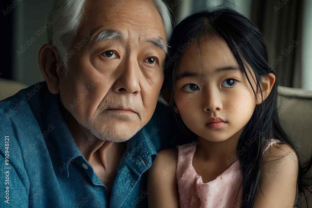 An old man and a little girl sitting on a couch An old man and a little girl sitting on a couch