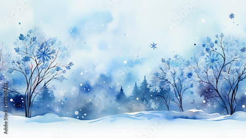 winter postcard blank form watercolor drawing, landscape in blue tones, covered with snow, snowfall in light blue tones abstract blurred background