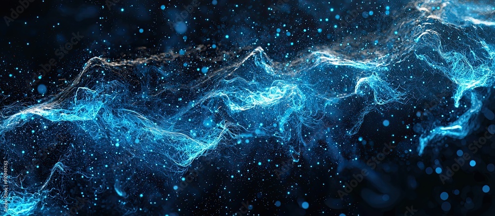 Captivating blue digital particles flowing on a dark backdrop evoking a futuristic and dynamic ambiance Captivating blue digital particles flowing on a dark backdrop evoking a futuristic and dynamic ambiance