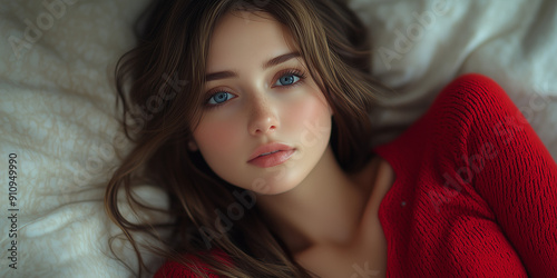 close up of abeautiful woman with long hair in red sweater, red color background, blue eyes, photography photo