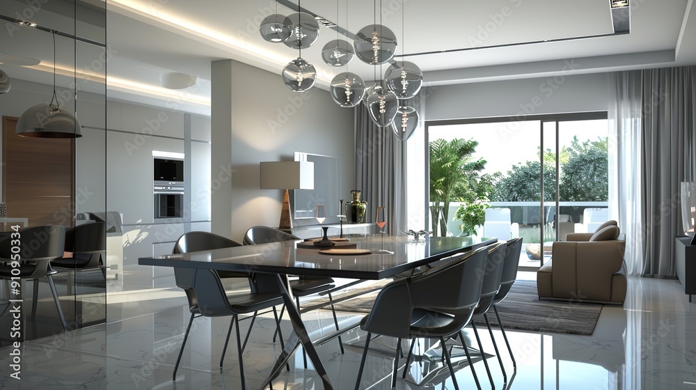 Fototapeta premium A modern dining area with a glass table, designer chairs, and a statement lighting fixture above.