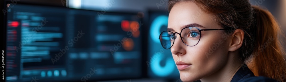 Young Woman with Glasses Working on Computer in Modern Office with Multiple Monitors and Data on Screens Young Woman with Glasses Working on Computer in Modern Office with Multiple Monitors and Data on Screens
