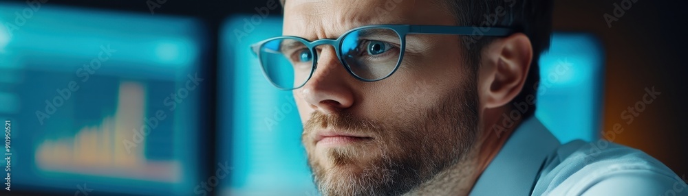 Focused Professional Man with Glasses Analyzing Data on Computer Screens in Modern Office Environment Focused Professional Man with Glasses Analyzing Data on Computer Screens in Modern Office Environment