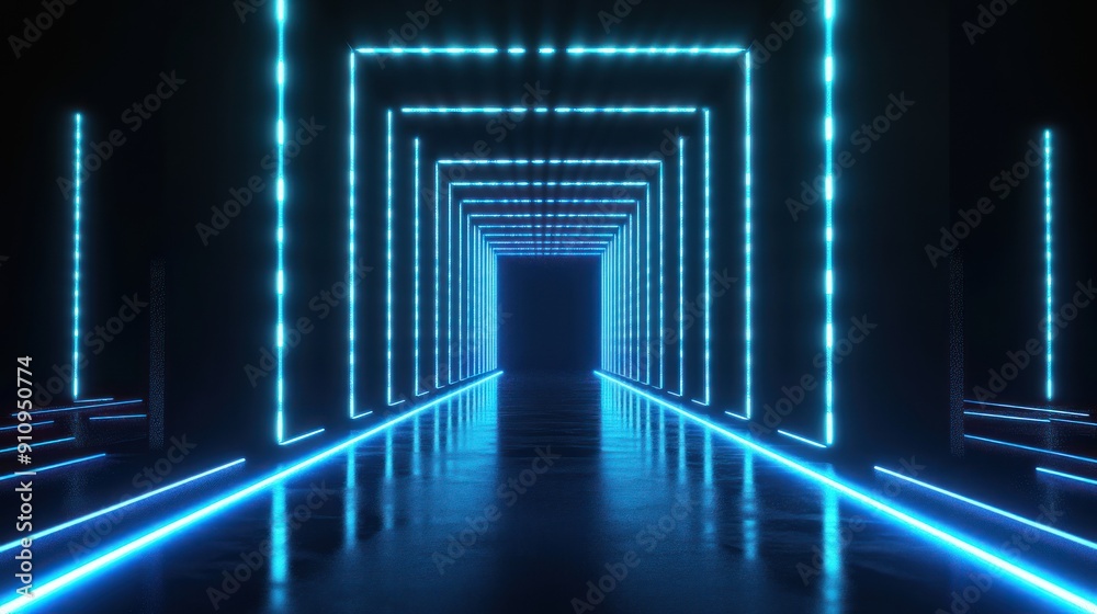 A futuristic corridor illuminated by vibrant blue neon lights. A futuristic corridor illuminated by vibrant blue neon lights.