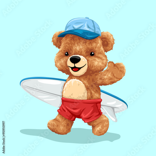 Cute teddy bear cartoon character with surfboard. Vector illustration