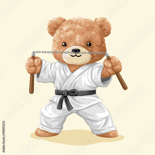 Cute teddy bear cartoon character in martial arts costume with double stick. Vector illustration