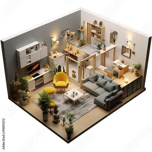 a make tiny 1 bhk customised interior, Isolated on transparent PNG background, Generative ai photo