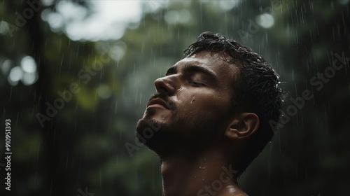 A man standing in the rain with his eyes closed