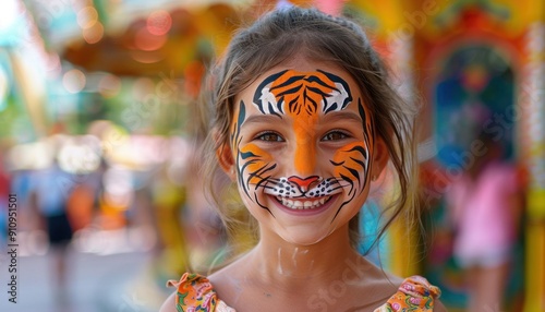 A small girl has her face beautifully painted to resemble a tiger in vibrant colors