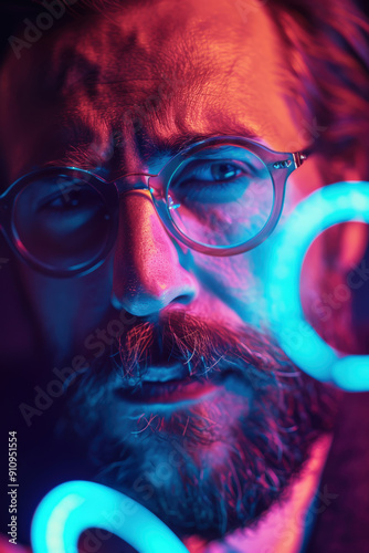 Artist with paintbrush in neon light photo