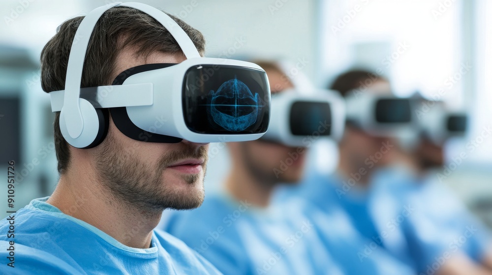 Doctors using VR headsets to simulate surgical procedures and train in a controlled environment. Doctors using VR headsets to simulate surgical procedures and train in a controlled environment.