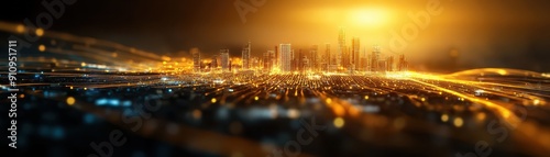 Stunning Futuristic Cityscape at Sunset with Glowing Lights and Skyscrapers photo