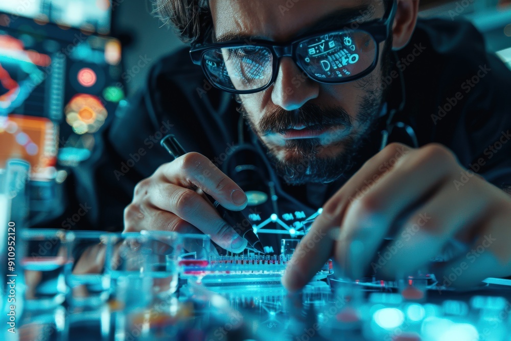 A person intently working on an electronic circuit board with various tools and components, surrounded by digital displays and a high-tech laboratory environment at night time. A person intently working on an electronic circuit board with various tools and components, surrounded by digital displays and a high-tech laboratory environment at night time.