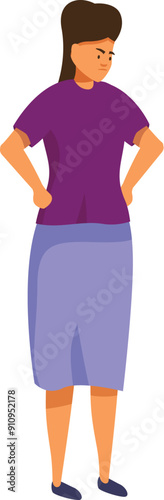 Young woman is standing with her hands on her hips, her expression angry and upset