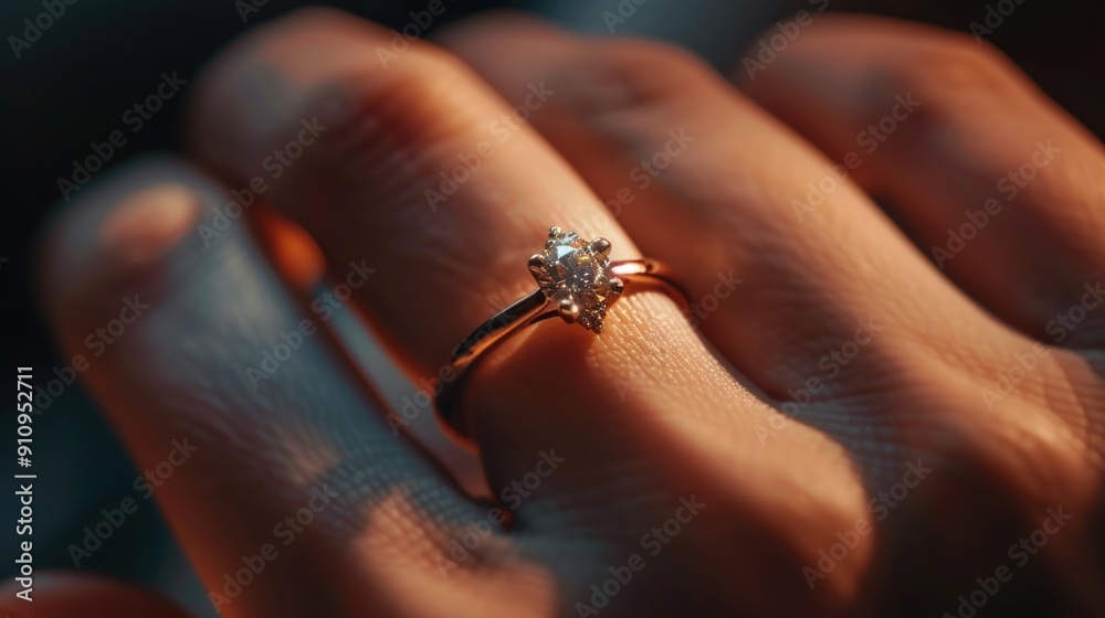 Obraz premium Close-up of a diamond engagement ring on a finger