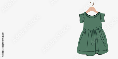 Background or banner with green baby dress on a hanger, advertising and sale of children's clothing, copy space
