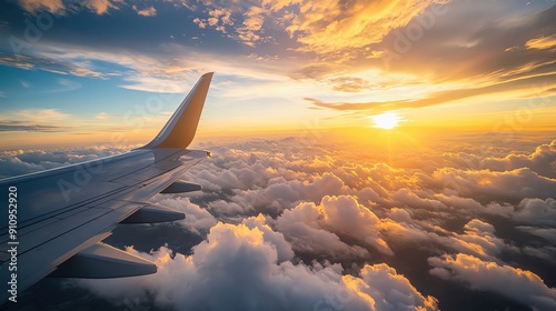 Fototapeta Naklejka Na Ścianę i Meble -  A mesmerizing view from the plane window capturing the sky and big clouds bathed in golden sunlight