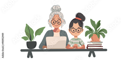 Attractive mature woman with girl working at table with laptop, online work or learning, tutor