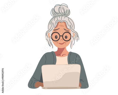 Smiling old woman with glasses working with laptop