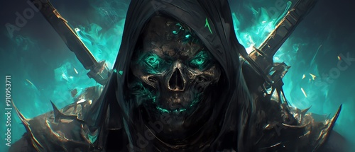 hyper realistic highly detailed eldritch death warlock with a black hood on