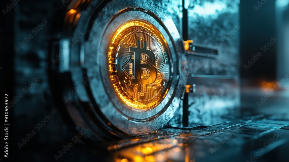 Futuristic Bitcoin Vault with Glowing Cryptocurrency Symbol in High-Tech Digital Environment Futuristic Bitcoin Vault with Glowing Cryptocurrency Symbol in High-Tech Digital Environment