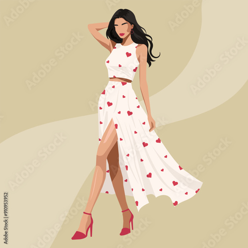 Beautiful young woman in an elegant dress with a heart print. Fashion illustration, flat vector. Faceless. No artificial intelligence was used to create the illustration. 
