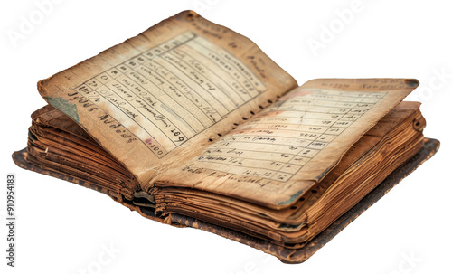 Old ledger book with handwritten entries isolated on transparent background photo