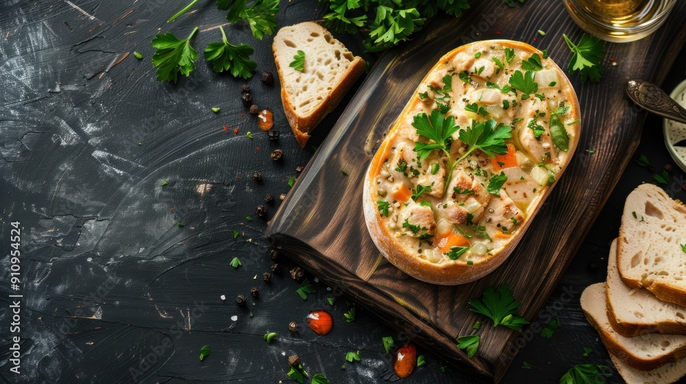 Chicken and Vegetable Soup in Bread Bowl with Parsley Garnish Chicken and Vegetable Soup in Bread Bowl with Parsley Garnish